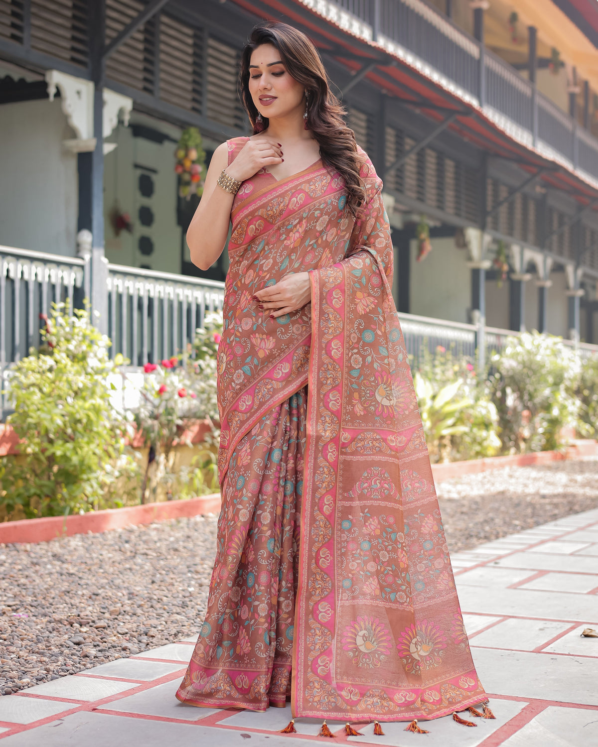 Copper Brown Handloom Cotton-Linen Saree with Floral Motifs and Vibrant Pink Accents LINEN HANDLOOM Main image