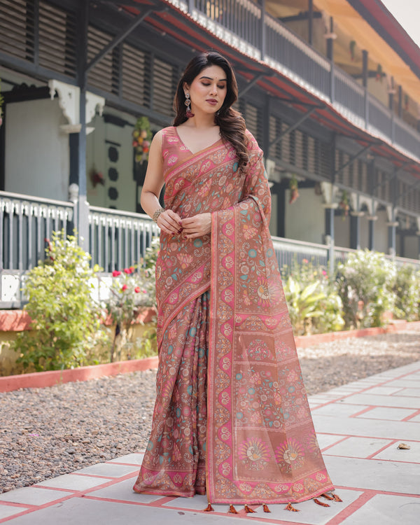Copper Brown Handloom Cotton-Linen Saree with Floral Motifs and Vibrant Pink Accents LINEN HANDLOOM