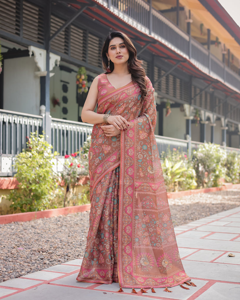 Copper Brown Handloom Cotton-Linen Saree with Floral Motifs and Vibrant Pink Accents LINEN HANDLOOM