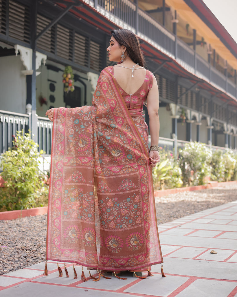 Copper Brown Handloom Cotton-Linen Saree with Floral Motifs and Vibrant Pink Accents LINEN HANDLOOM
