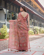 Load image into Gallery viewer, Copper Brown Handloom Cotton-Linen Saree with Floral Motifs and Vibrant Pink Accents LINEN HANDLOOM