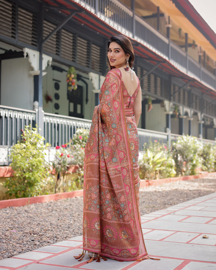 Copper Brown Handloom Cotton-Linen Saree with Floral Motifs and Vibrant Pink Accents LINEN HANDLOOM