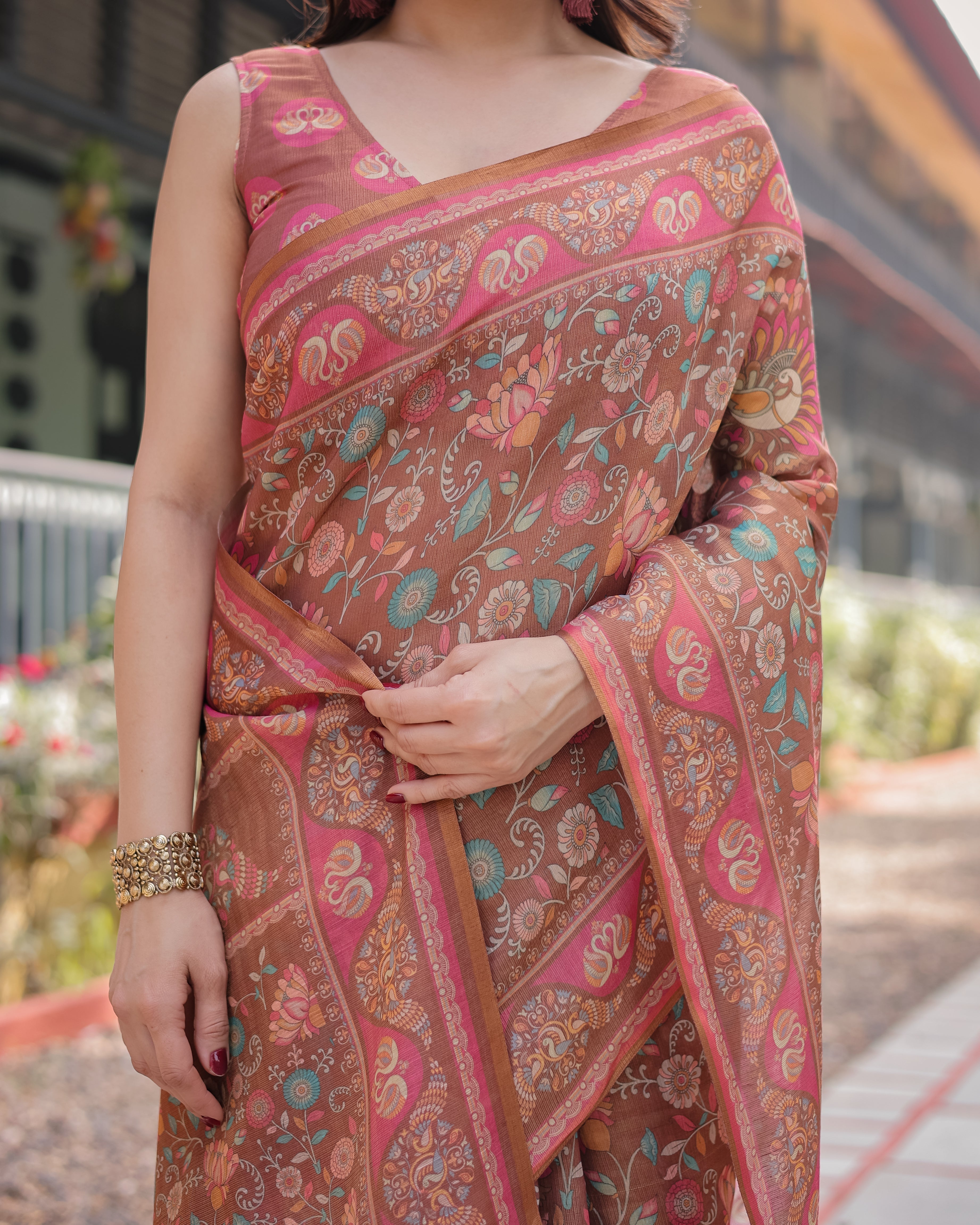 Copper Brown Handloom Cotton-Linen Saree with Floral Motifs and Vibrant Pink Accents LINEN HANDLOOM