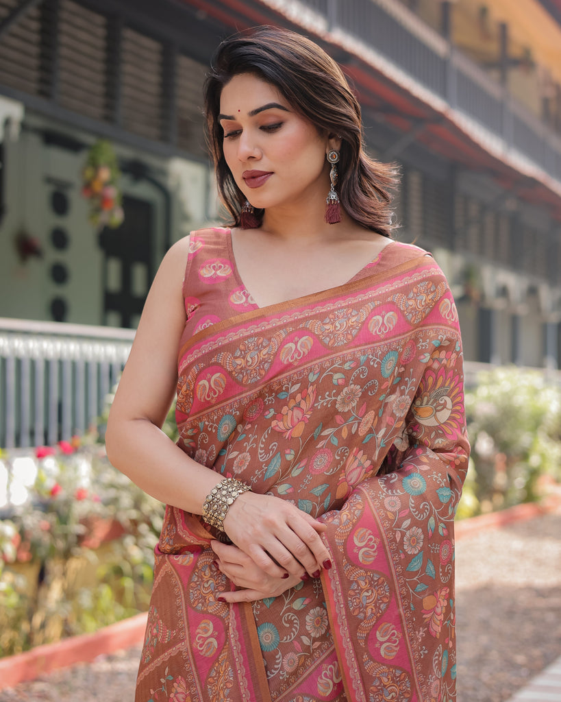 Copper Brown Handloom Cotton-Linen Saree with Floral Motifs and Vibrant Pink Accents LINEN HANDLOOM