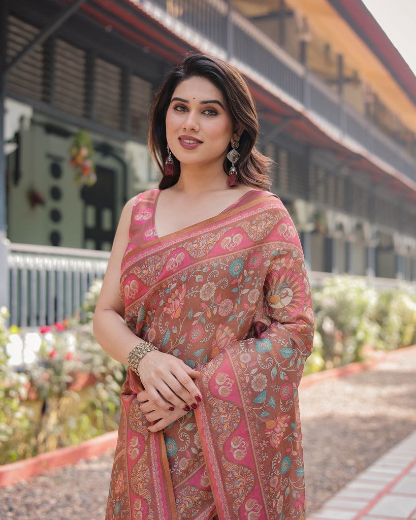Copper Brown Handloom Cotton-Linen Saree with Floral Motifs and Vibrant Pink Accents LINEN HANDLOOM