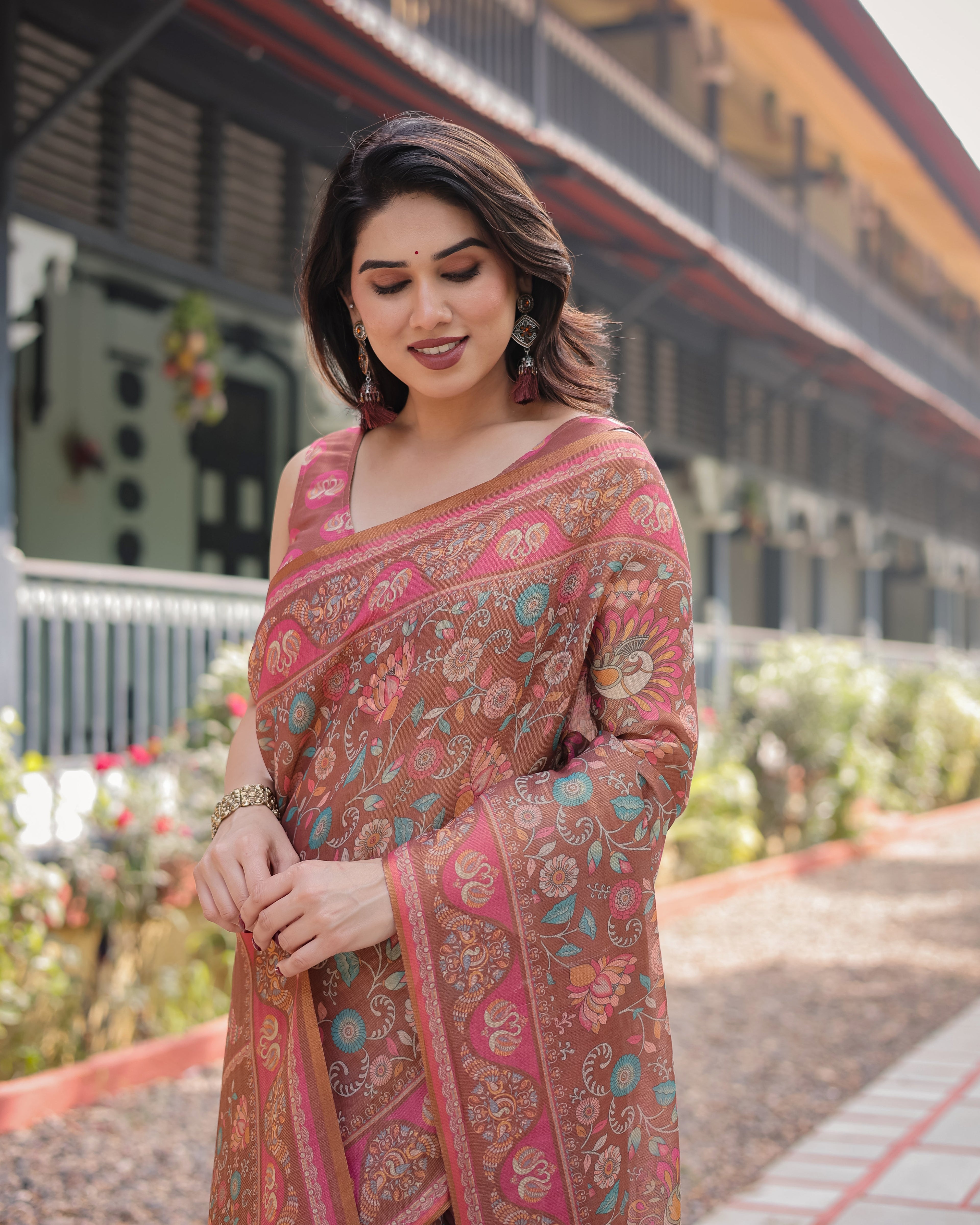 Copper Brown Handloom Cotton-Linen Saree with Floral Motifs and Vibrant Pink Accents LINEN HANDLOOM