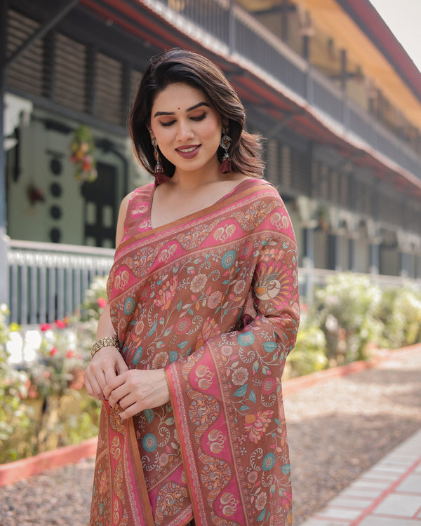 Copper Brown Handloom Cotton-Linen Saree with Floral Motifs and Vibrant Pink Accents LINEN HANDLOOM