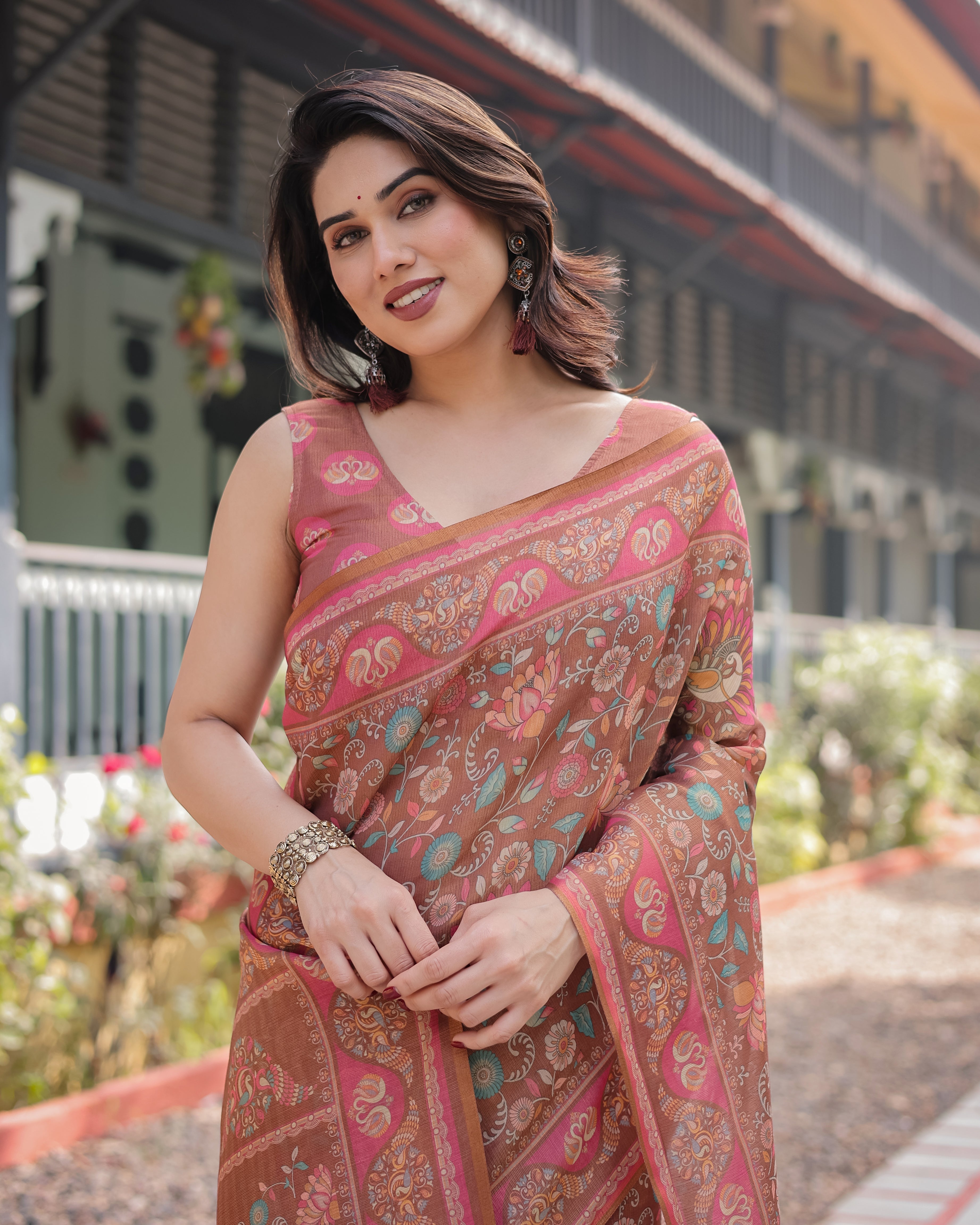 Copper Brown Handloom Cotton-Linen Saree with Floral Motifs and Vibrant Pink Accents LINEN HANDLOOM