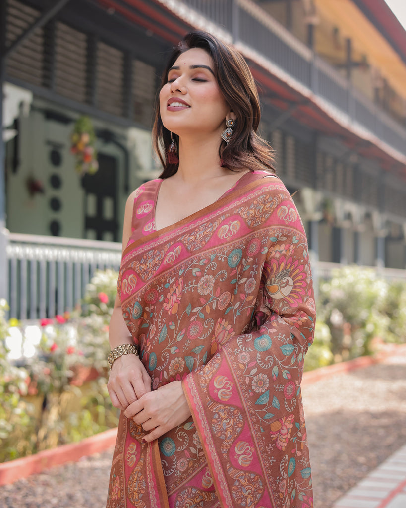Copper Brown Handloom Cotton-Linen Saree with Floral Motifs and Vibrant Pink Accents LINEN HANDLOOM