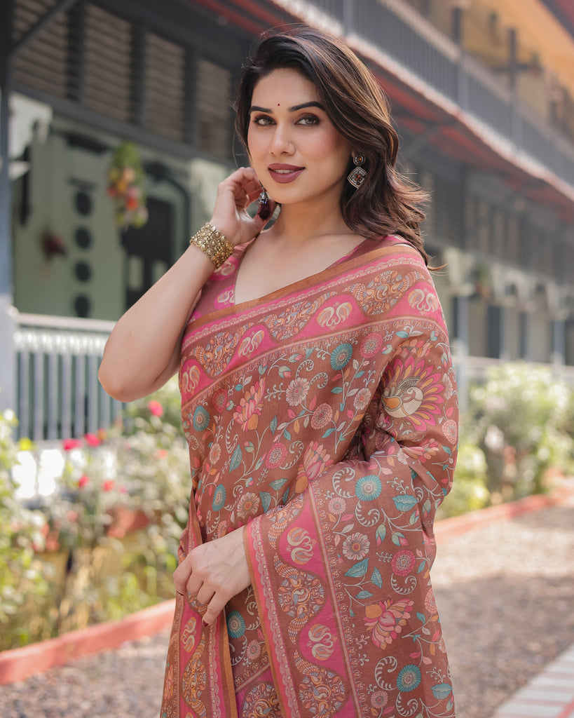 Copper Brown Handloom Cotton-Linen Saree with Floral Motifs and Vibrant Pink Accents LINEN HANDLOOM