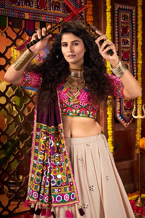 Navratri Special Beige Mirror Work Chaniya Choli Clothsvilla