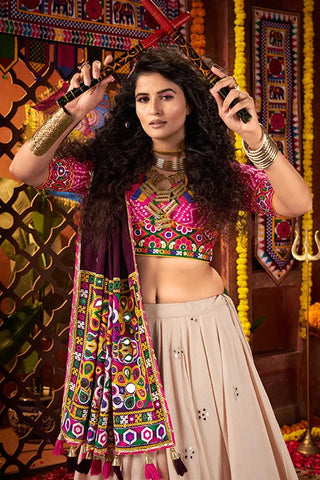 Navratri Special Beige Mirror Work Chaniya Choli Clothsvilla