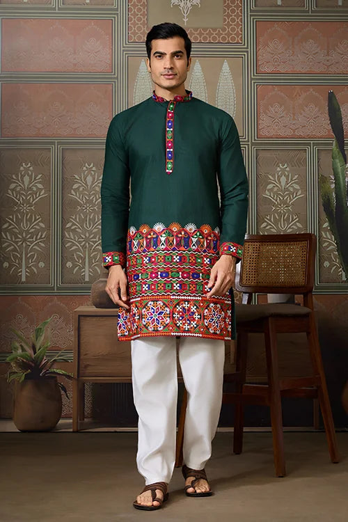 Navratri Style Green Cotton Readymade Kurta for Men Clothsvilla