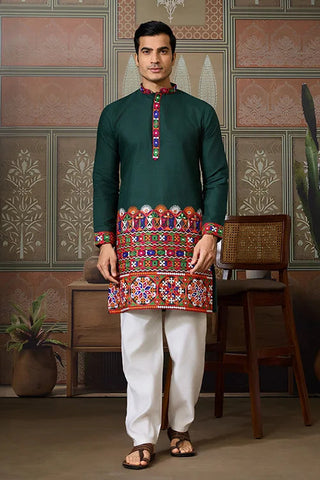 Navratri Style Green Cotton Readymade Kurta for Men Clothsvilla