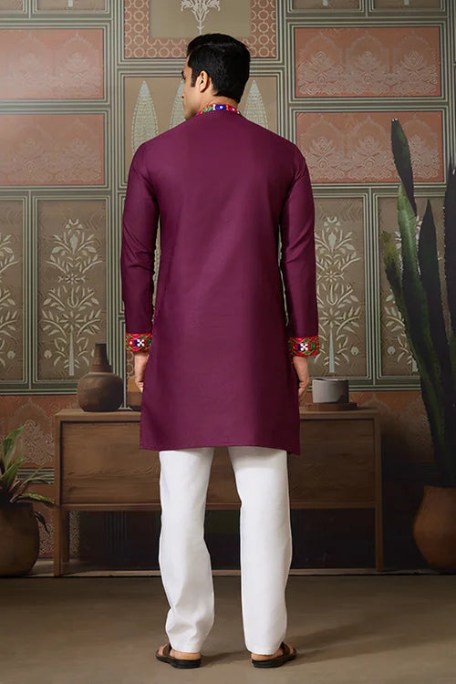 Navratri Wine Cotton Kurta for Mens with Pajama Clothsvilla