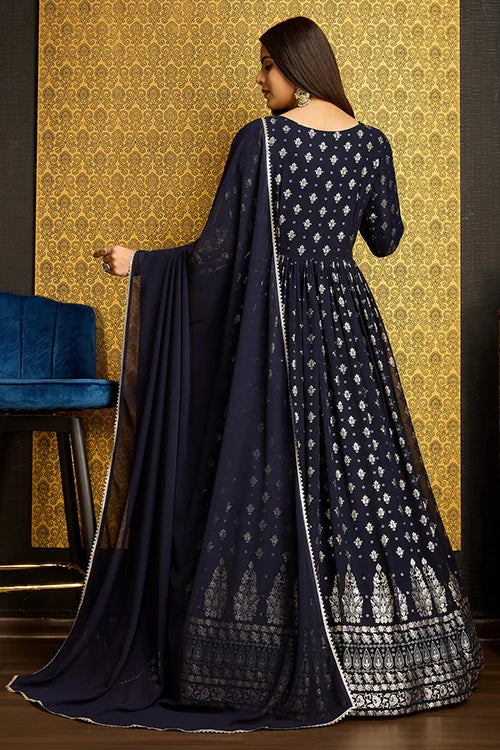 Navy Blue Anarkali Long Gown with Metallic Foil Work ClothsVilla