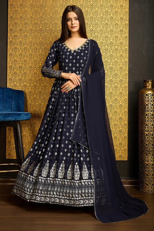 Navy Blue Anarkali Long Gown with Metallic Foil Work ClothsVilla