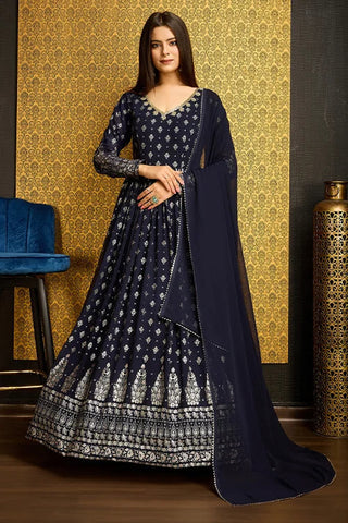 Navy Blue Anarkali Long Gown with Metallic Foil Work ClothsVilla