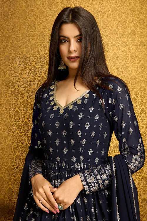 Navy Blue Anarkali Long Gown with Metallic Foil Work ClothsVilla