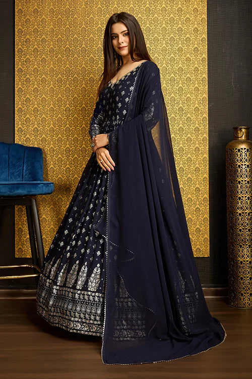 Navy Blue Anarkali Long Gown with Metallic Foil Work ClothsVilla