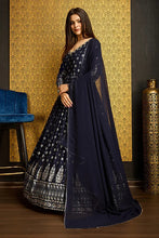 Load image into Gallery viewer, Navy Blue Anarkali Long Gown with Metallic Foil Work ClothsVilla