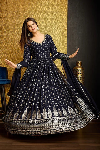 Navy Blue Anarkali Long Gown with Metallic Foil Work ClothsVilla