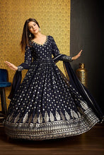 Load image into Gallery viewer, Navy Blue Anarkali Long Gown with Metallic Foil Work ClothsVilla