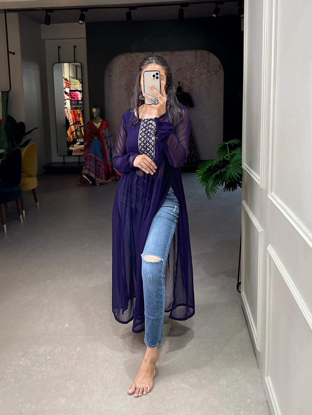 Shimmering Sequin Navy Blue Embroidered Naira Style Kurti ClothsVilla