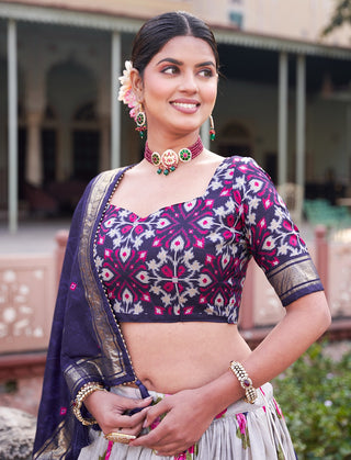 Navy Blue Dola Silk Lehenga Choli with Floral & Patola Print ClothsVilla