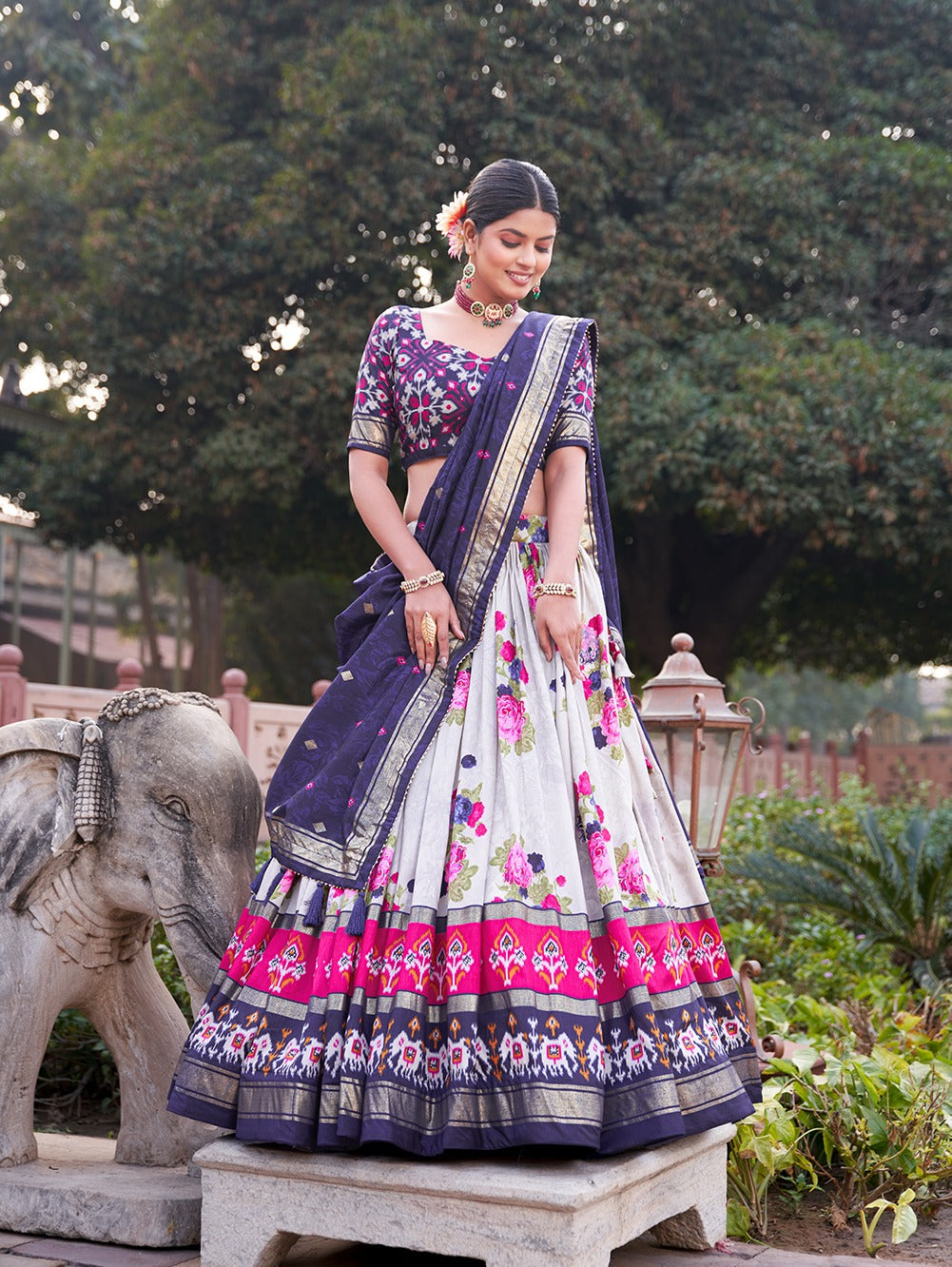 Navy Blue Dola Silk Lehenga Choli with Floral & Patola Print ClothsVilla