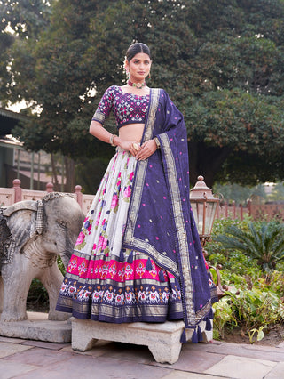 Navy Blue Dola Silk Lehenga Choli with Floral & Patola Print ClothsVilla