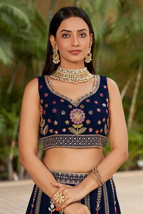 Navy Blue Embroidered Lehenga Choli with Dupatta Clothsvilla