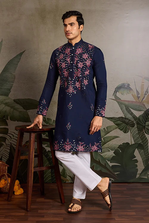 Wedding Special Navy Blue Embroidered Mens Kurta Set Clothsvilla