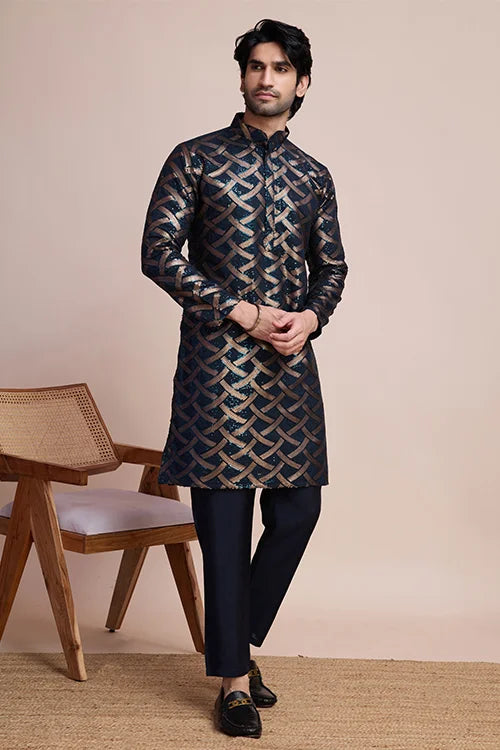 Navy Silk Men's Kurta for Special Occasions Clothsvilla