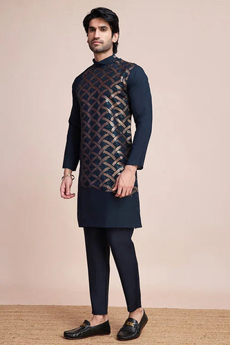 Designer Navy Men's Silk Kurta for Special Events Clothsvilla