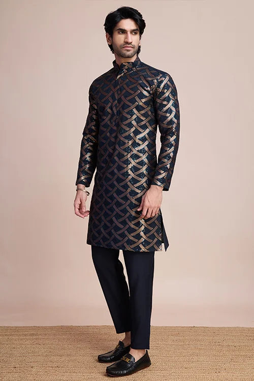 Navy Silk Men's Kurta for Special Occasions Clothsvilla