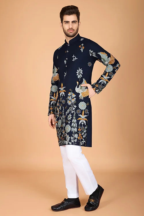 Navy Viscose Rayon Designer Men's Kurta Online Clothsvilla