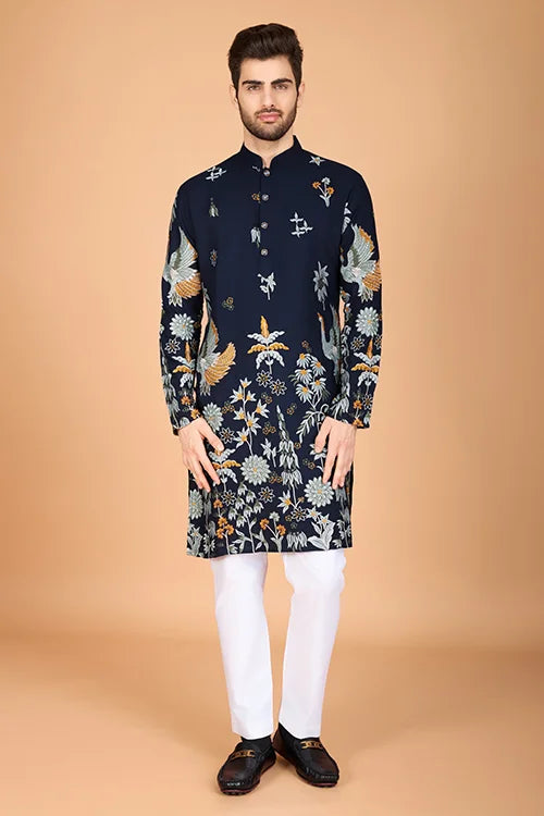 Navy Viscose Rayon Designer Men's Kurta Online Clothsvilla