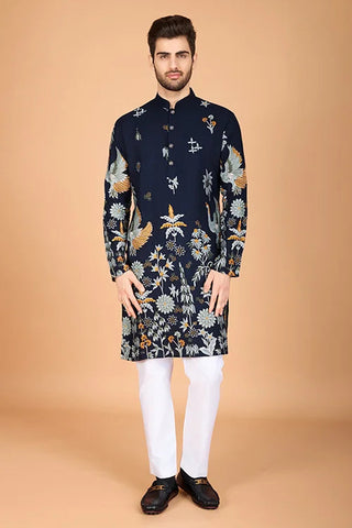 Navy Viscose Rayon Designer Men's Kurta Online Clothsvilla