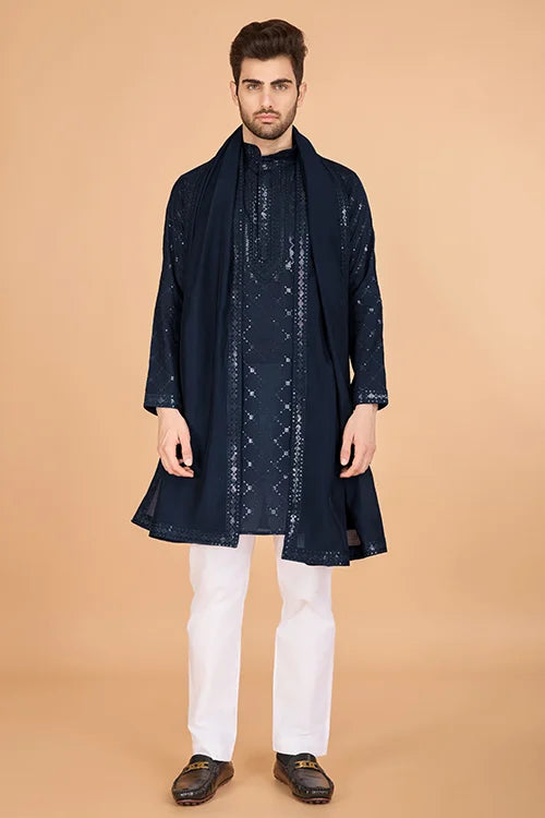 Navy Viscose Fabric Embroidered Traditional Kurta for Mens Wear Clothsvilla