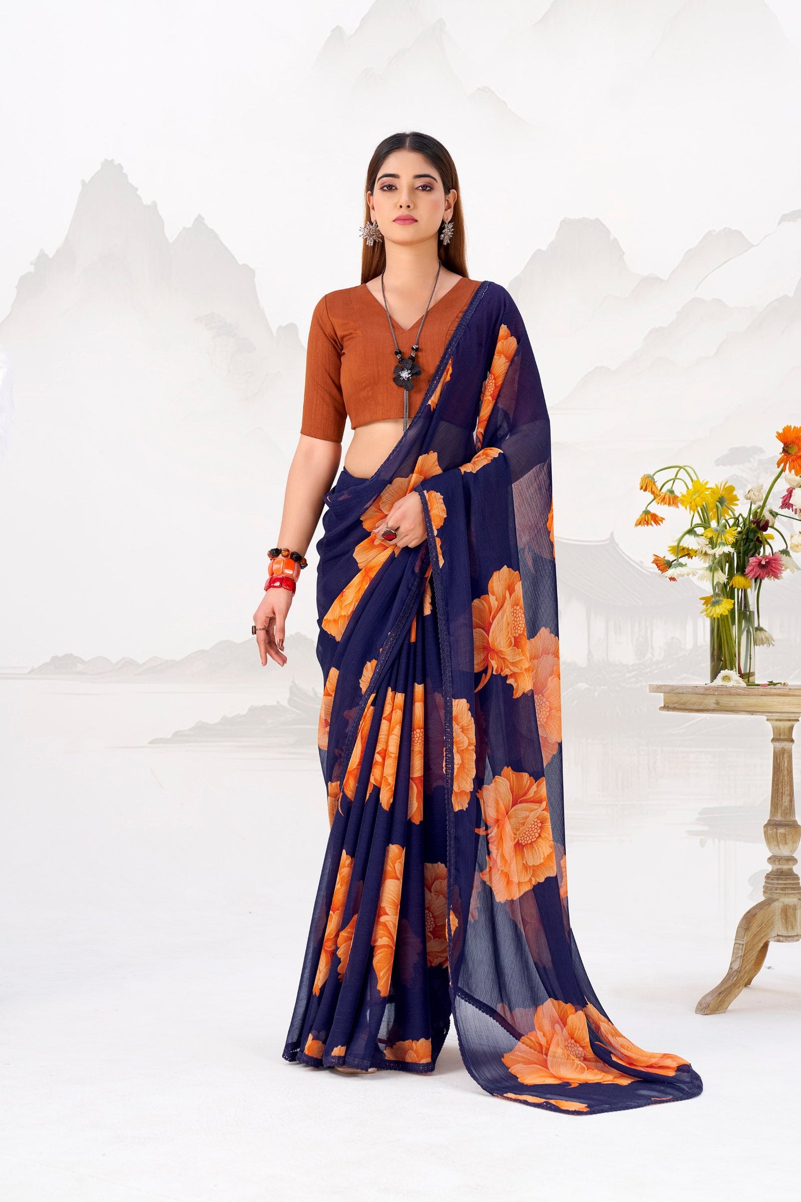 Navy Blue Elegant Chiffon Saree with Floral Print & Lace Border – Unstitched Banglory Blouse ClothsVilla