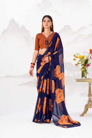 Navy Blue Elegant Chiffon Saree with Floral Print & Lace Border – Unstitched Banglory Blouse ClothsVilla