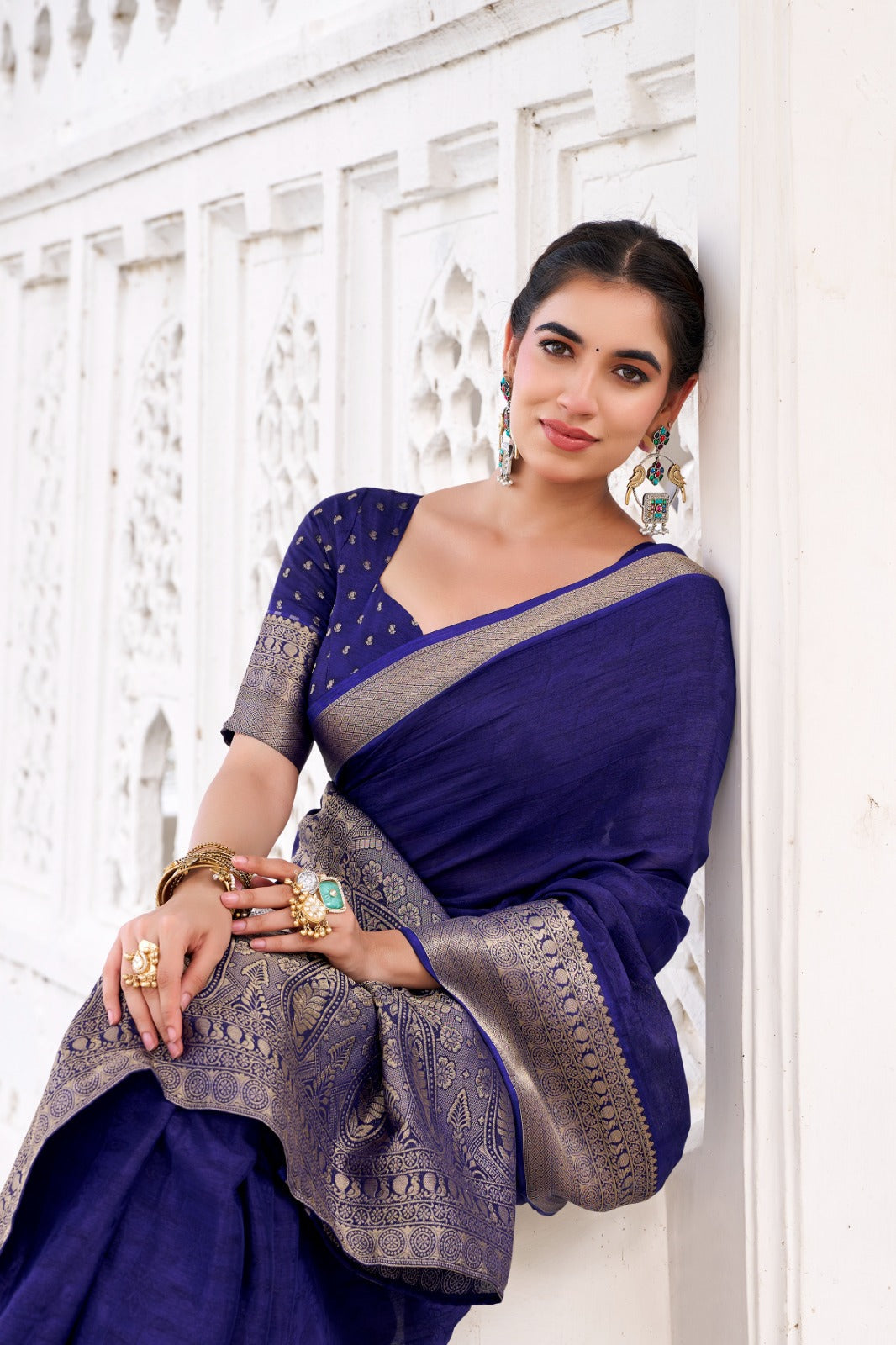 Navy Blue Elegant Chinon Saree with Self Print & Zari Weaving Work Unstitched Blouse Included ClothsVilla