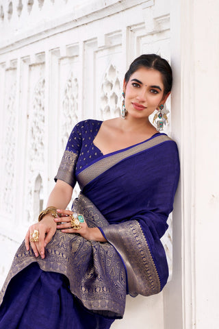 Navy Blue Elegant Chinon Saree with Self Print & Zari Weaving Work Unstitched Blouse Included ClothsVilla