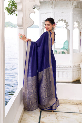 Navy Blue Elegant Chinon Saree with Self Print & Zari Weaving Work Unstitched Blouse Included ClothsVilla