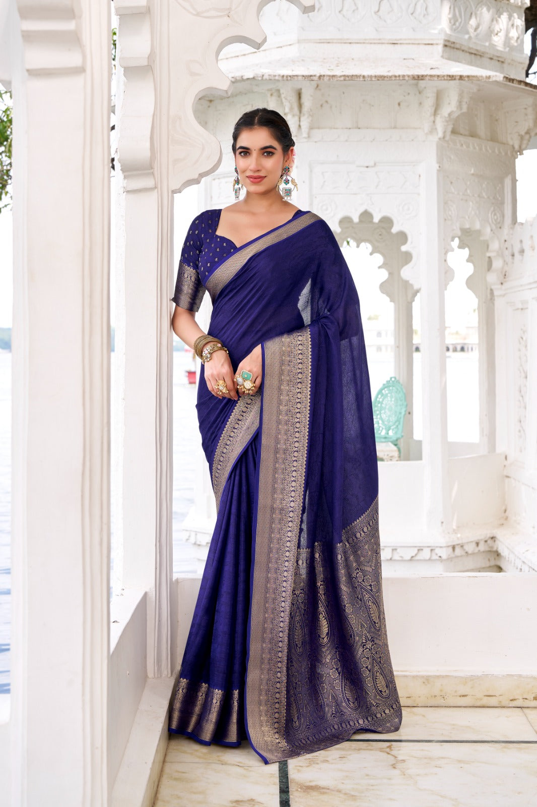 Navy Blue Elegant Chinon Saree with Self Print & Zari Weaving Work Unstitched Blouse Included ClothsVilla
