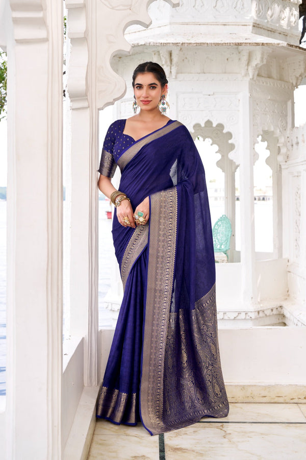 Navy Blue Elegant Chinon Saree with Self Print & Zari Weaving Work Unstitched Blouse Included ClothsVilla