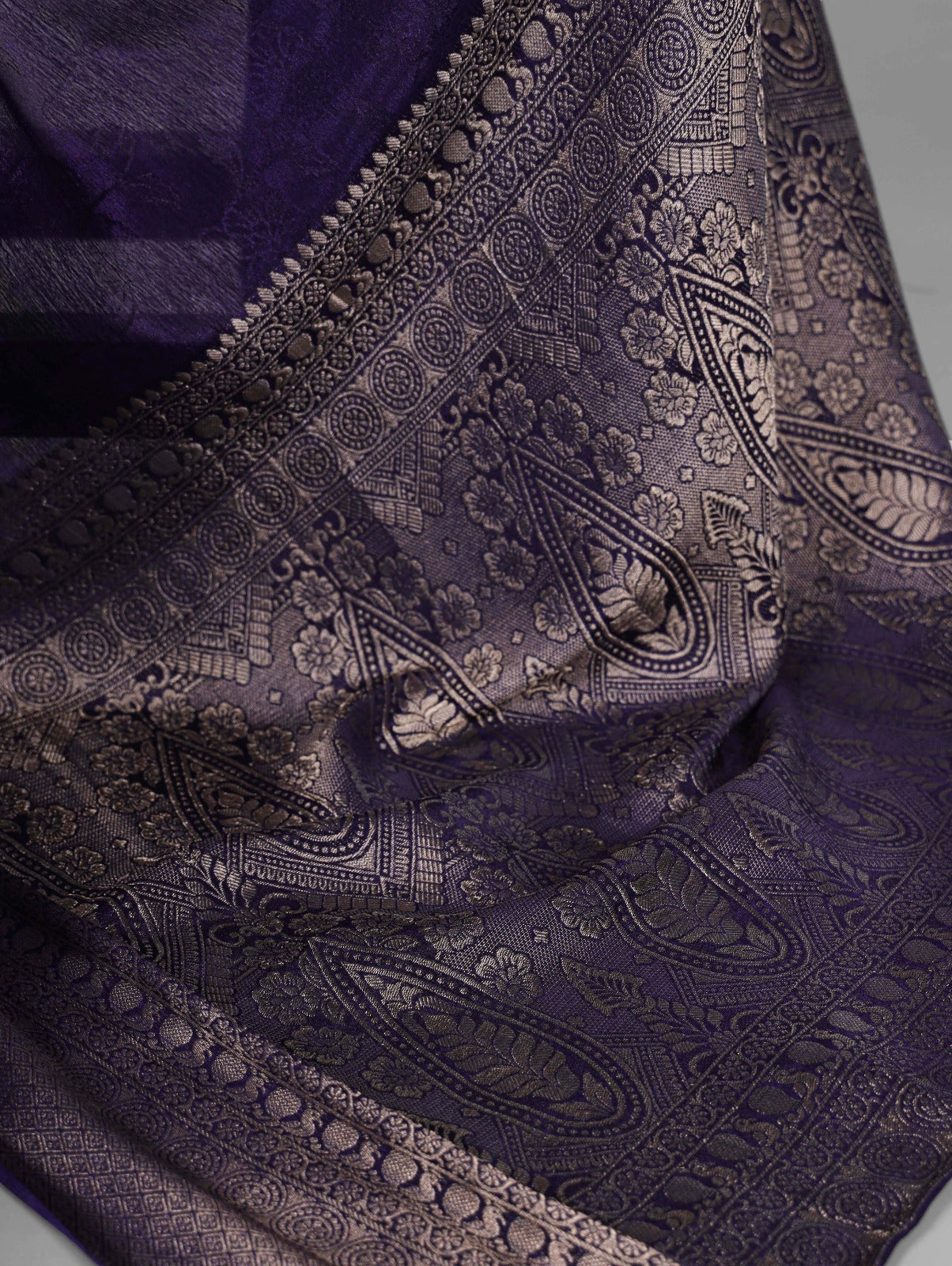 Navy Blue Elegant Chinon Saree with Self Print & Zari Weaving Work Unstitched Blouse Included ClothsVilla