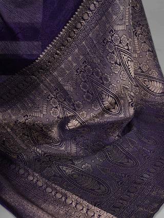 Navy Blue Elegant Chinon Saree with Self Print & Zari Weaving Work Unstitched Blouse Included ClothsVilla