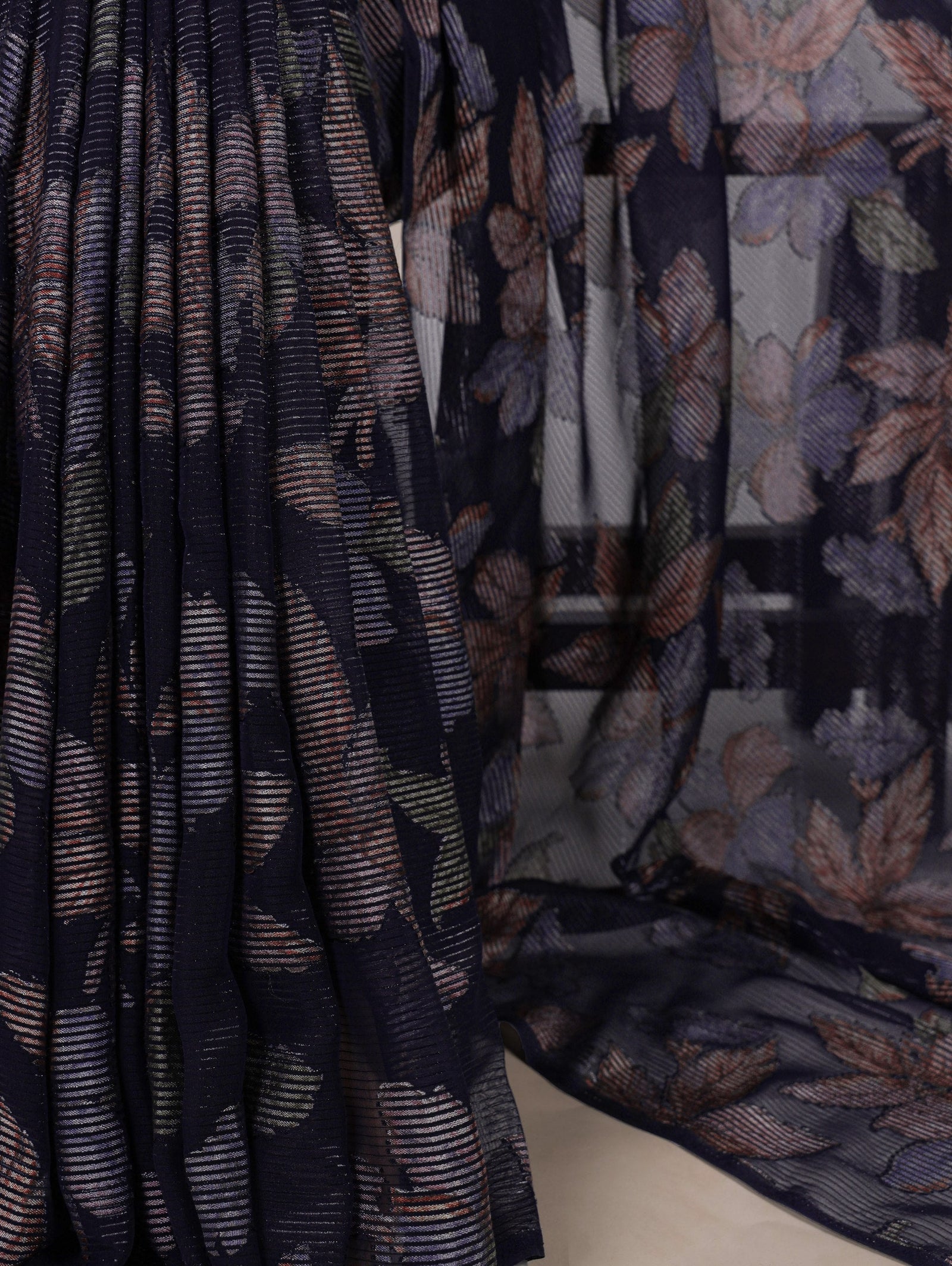 Navy Blue Floral Lurex Brasso Saree with Unstitched Blouse – Elegant Viscose Brasso Work ClothsVilla